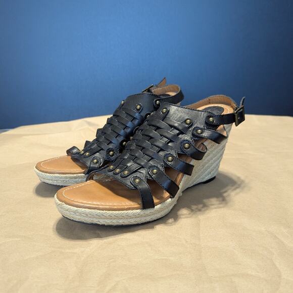 Fossil Cassidy Woven Wedge Sandals Leather Black Womens 7.5 Espadrilles Heels - Picture 1 of 6